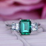 1.9ct Green Emerald Cut Engagement Ring Solitaire Trilogy 14k White Gold Finish
