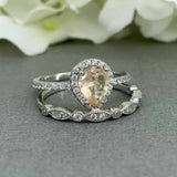 2.1ct Pear Peach Morganite Halo Bridal Set Engagement Ring 14k White Gold Finish