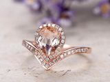 2ct Pear Cut Morganite Engagement Ring Curved V Shape Halo 14k Rose Gold Finish