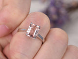 Emerald Cut Peach Morganite Solitaire Engagement Ring 14k White Gold Finish