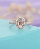 1.6ct Oval Cut Peach Morganite Diamond Halo Engagement Ring 14k Rose Gold Finish