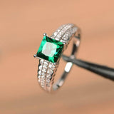 2.4ct Princess Cut Green Emerald Solitaire with Accent Ring 14k WhiteGold Finish