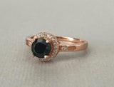 Halo Solitaire Engagement Ring 1.5ct Round Cut Black Diamond 14k RoseGold Finish