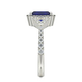 3ct Emerald Cut Blue Sapphire Diamond Halo Split Band Ring 14k White Gold Finish
