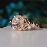 2ct Oval Cut Peach Morganite Engagement Ring Halo Leaf Accent 14k Rose Gold Over