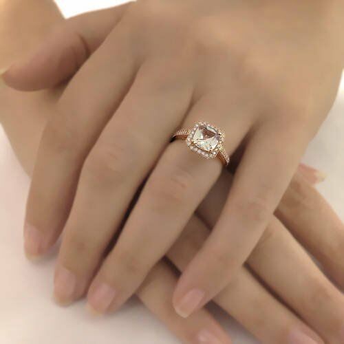 1.1ct Cushion Cut Peach Morganite Halo Women Solitaire Ring 14k Rose Gold Finish