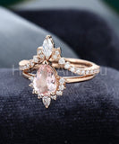 2ct Pear Cut Simulated Morganite Crown Curved Bridal Set 14k Rose Gold Plated