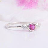 0.9ct Round Cut Pink Ruby Engagement Ring Diamond Trilogy 14k White Gold Finish
