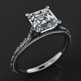 Vintage Milgrain Engagement Ring 1.6ct Asscher Cut Diamond 14k White Gold Finish