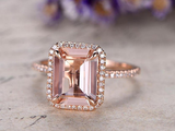2.5ct Emerald Cut Peach Morganite Engagement Ring Halo 14k Rose Gold Finish