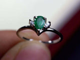 0.2ct Engagement Ring Pear Cut Emerald Curved Minimalist 14k White Gold Finish