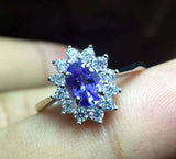 2.35ct Engagement Ring Oval Cut Blue Tanzanite Floral Halo 14k White Gold Finish