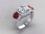 3ct Round Cut Diamond Red Garnet Accents Halo Trilogy Ring 14k White Gold Finish