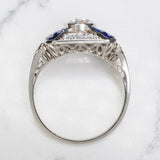 4Ct Round Cut Diamond Art Deco Ring 18K White Gold Finish Blue Sapphire Accents