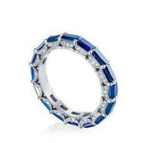 6Ct Emerald Cut Blue Sapphire Iced Eternity Wedding Band 14K White Gold Finish