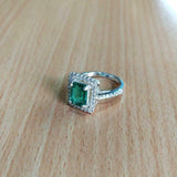 1.5ct Engagement Ring Green Emerald Cut Round Accent Halo 14k White Gold Finish