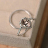2ct Engagement Ring Pear Cut Peach Morganite Halo Bridal Set 14k White Gold Over