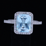 1.2ct Radiant Cut Blue Aquamarine Halo Engagement Ring 14k White Gold Finish