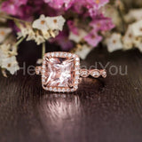1.2ct Princess Cut Simulated Morganite Halo Engagement Ring 14k Rose Gold Plated