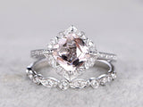 1ct Cushion Cut Morganite Bridal Wedding Set Engagement 14k White Gold Finish