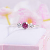 0.9ct Round Cut Pink Ruby Engagement Ring Diamond Trilogy 14k White Gold Finish