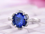 2ct Round Cut Blue Sapphire Engagement Ring Floral Design 14k White Gold Finish