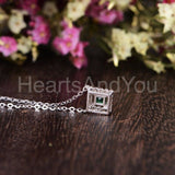 1ct Princess Cut Simulated Green Emerald Halo Pendant Chain 14k WhiteGold Plated