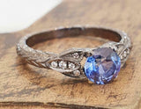 2ct Blue Sapphire Antique Inspired Solitaire with Accent Ring 14k BlackGold Over