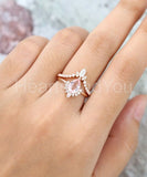 2ct Pear Cut Simulated Morganite Crown Curved Bridal Set 14k Rose Gold Plated