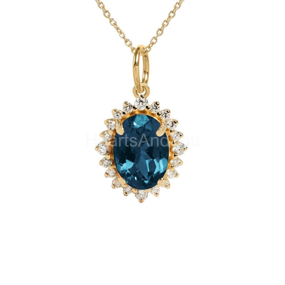2ct Oval Simulated London Blue Topaz Halo Pendant Chain 14k Yellow Gold Plated