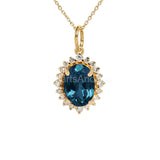 2ct Oval Simulated London Blue Topaz Halo Pendant Chain 14k Yellow Gold Plated