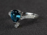 2.1ct Pear Cut London Blue Topaz Curved Stackable Ring 14k White Gold Finish