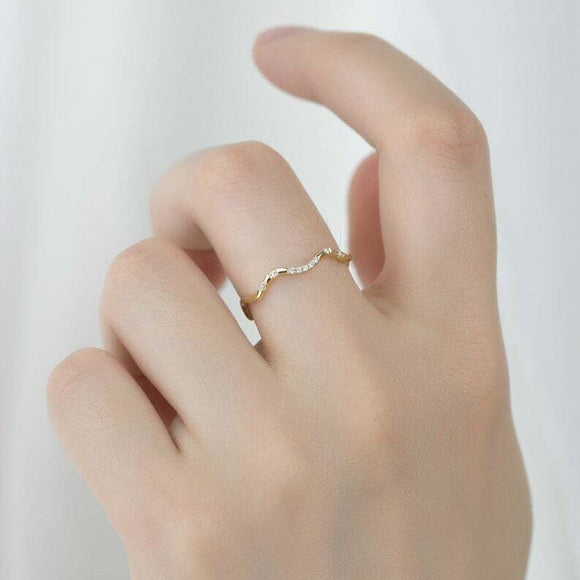 0.03ct Round Cut Diamond Wedding Ring Band Wavy Curved 14k Yellow Gold Finish