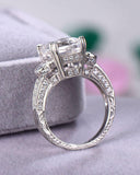 5Ct Emerald Cut Diamond Vintage Solitaire with Accent Ring 14K White Gold Finish