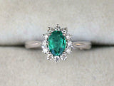 1.76ct Oval Cut Green Emerald Floral Halo Engagement Ring 14k White Gold Finish
