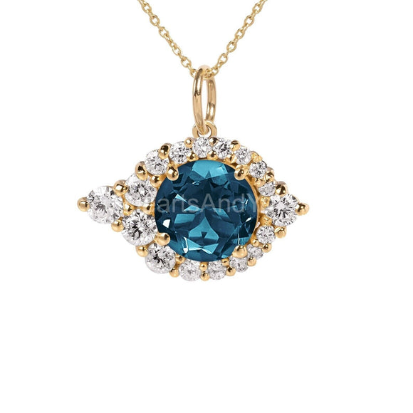2ct Round Simulated London Blue Topaz Halo Pendant Chain 14k Yellow Gold Plated