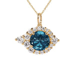 2ct Round Simulated London Blue Topaz Halo Pendant Chain 14k Yellow Gold Plated