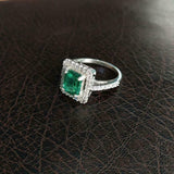 1.5ct Engagement Ring Green Emerald Cut Round Accent Halo 14k White Gold Finish