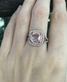 2.5ct Cushion Morganite Engagement Ring Dual Halo Split Shank 14k Rose Gold Over