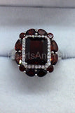 2.2ct Emerald Cut Simulated Red Garnet Halo Cocktail Ring 14k White Gold Plated