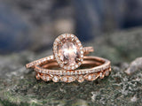 3Ct Oval Cut Peach Morganite Trio Bridal Set Engagement Ring 14K Rose Gold Over