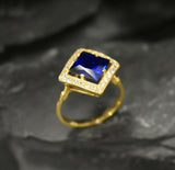 2ct Engagement Ring Princess Cut Blue Sapphire Diamond Halo 14k Yellow Gold Over