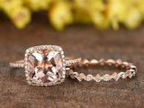 2.5ct Cushion Cut Morganite Bridal Set Band Engagement Ring 14k Rose Gold Finish