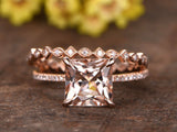 1.5ct Princess Cut Champagne Morganite Bridal Set Ring Band 14k Rose Gold Finish