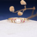0.1ct Round Simulated Dainty Leave Vine Pearl Engagement Ring Yellow Gold Plated