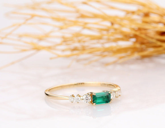 0.12ct Baguette Cut Simulated Emerald Minimalist Wed Band 14k Yellow Gold Plated