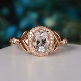 2ct Oval Cut Peach Morganite Engagement Ring Halo Leaf Accent 14k Rose Gold Over
