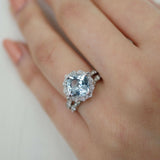 2ct Cushion Cut Blue Aquamarine Bridal Set Engagement Ring 14k White Gold Finish