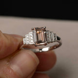 3ct Emerald Cut Morganite Solitaire Round Step Accent Ring 14k White Gold Finish
