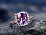 2.4ct Cushion Cut Purple Amethyst Engagement Ring Halo 14k Rose Gold Finish